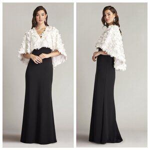 Tadashi Shoji 3D Floral Elyza Capelet Gown Black/ivory